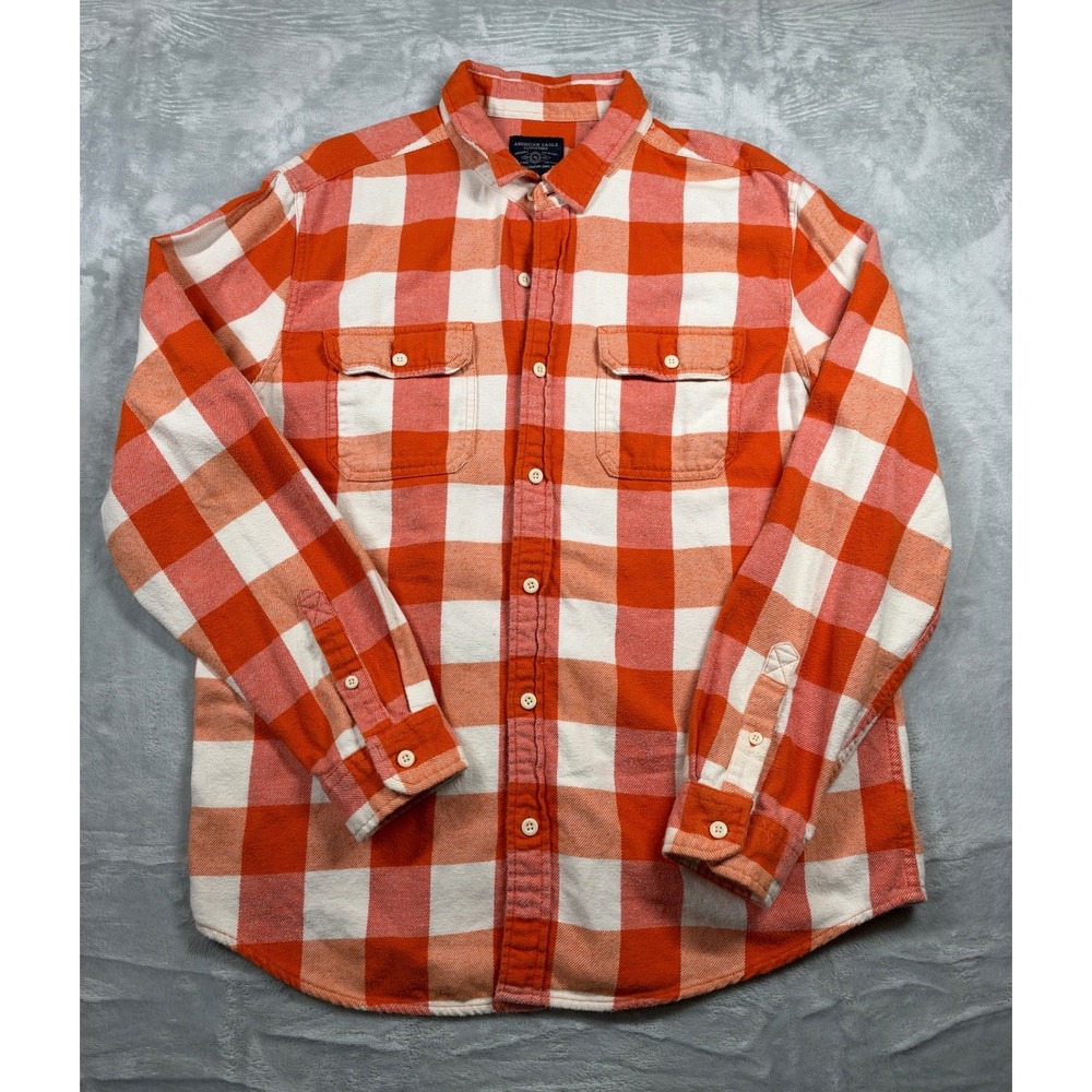 American Eagle Men XL Orange Cream Buffalo Plaid Flannel Shirt 100% Cotton